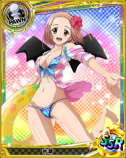 Anime picture 640x800 with highschool dxd katase (high school dxd) single tall image looking at viewer blush short hair breasts open mouth light erotic pink hair pink eyes hair flower card (medium) girl flower (flowers) swimsuit bikini wings swim ring
