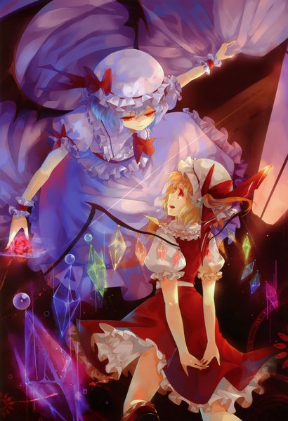 Anime picture 2085x3054 with touhou flandre scarlet remilia scarlet dhiea tall image highres short hair blonde hair red eyes multiple girls blue hair absurdres bat wings girl dress skirt 2 girls wings bonnet skirt set