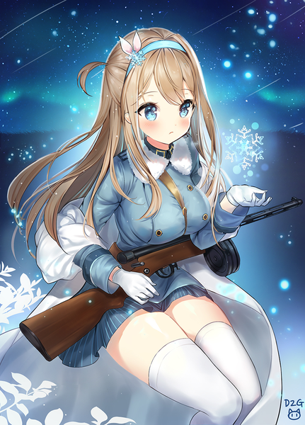 Anime picture 890x1239 with girls frontline suomi kp31 (girls frontline) ttaji (pass35) single long hair tall image blush fringe breasts blue eyes blonde hair hair between eyes large breasts sitting signed looking away off shoulder night zettai ryouiki night sky