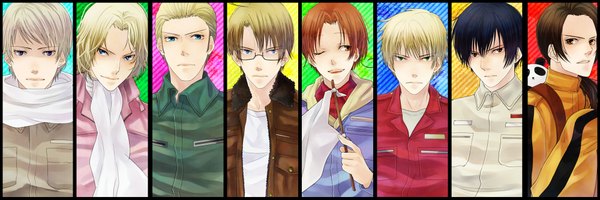 Anime picture 2000x667 with axis powers hetalia studio deen united kingdom (hetalia) japan (hetalia) america (hetalia) russia (hetalia) china (hetalia) germany (hetalia) north italy (hetalia) france (hetalia) kanameyura long hair highres short hair blue eyes black hair blonde hair smile brown hair wide image