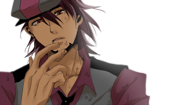 Anime picture 1300x785 with tiger & bunny sunrise (studio) kaburagi t. kotetsu ebitetsu komeka single short hair simple background red eyes brown hair wide image white background spoilers dark persona boy hat flat cap beard