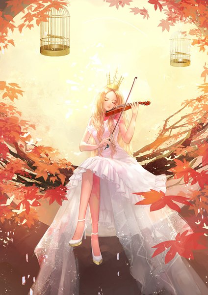 Anime picture 827x1169 with original wallace (artist) single long hair tall image blonde hair sitting eyes closed crossed legs girl dress plant (plants) tree (trees) leaf (leaves) crown musical instrument maple leaf cage violin bow (instrument)