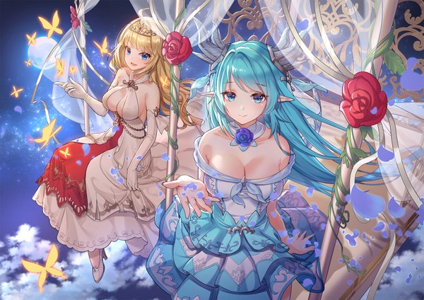 Anime picture 1697x1200 with king's raid artemia (king's raid) laias (king's raid) chibi vanille long hair looking at viewer blush fringe breasts open mouth blue eyes light erotic blonde hair smile hair between eyes large breasts sitting bare shoulders multiple girls payot