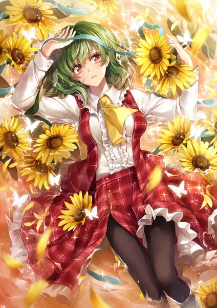 Anime picture 707x1000 with touhou kazami yuuka hagiwara rin single tall image blush fringe short hair breasts open mouth hair between eyes red eyes lying green hair arms up sparkle plaid skirt looking up hand on head frilly skirt