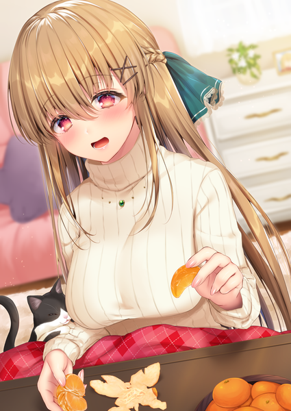 Anime-Bild 2508x3541 mit original navy (navy.blue) single long hair tall image looking at viewer blush fringe highres breasts open mouth blonde hair hair between eyes red eyes large breasts sitting holding payot indoors braid (braids)