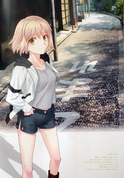 Anime picture 2430x3485 with tsuki no sango original takeuchi takashi single tall image looking at viewer highres short hair blonde hair smile standing yellow eyes hands in pockets street girl petals jacket shorts boots thigh boots