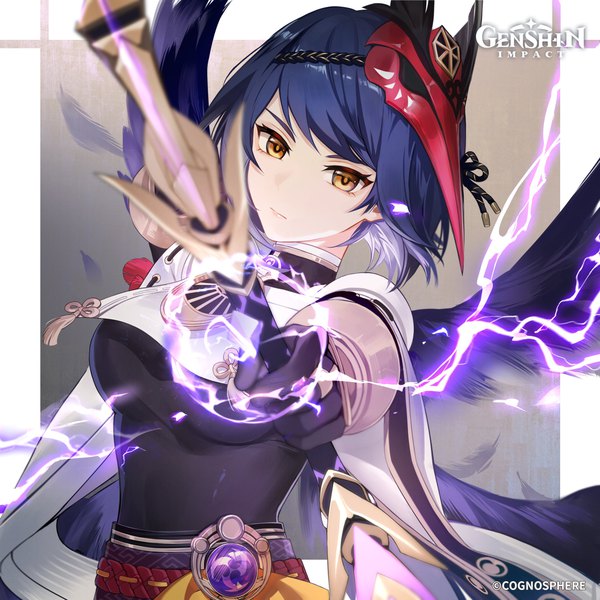 Anime picture 2500x2500 with genshin impact kujou sara single looking at viewer highres short hair yellow eyes blue hair upper body official art copyright name mask on head electricity archery girl weapon wings mask bow (weapon) vision (genshin impact)