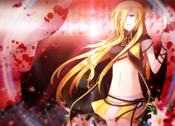Anime picture 2400x1732 with vocaloid lily (vocaloid) long hair looking at viewer highres open mouth blue eyes blonde hair pleated skirt midriff red background girl navel flower (flowers) window blood curtains lily (flower) stained glass