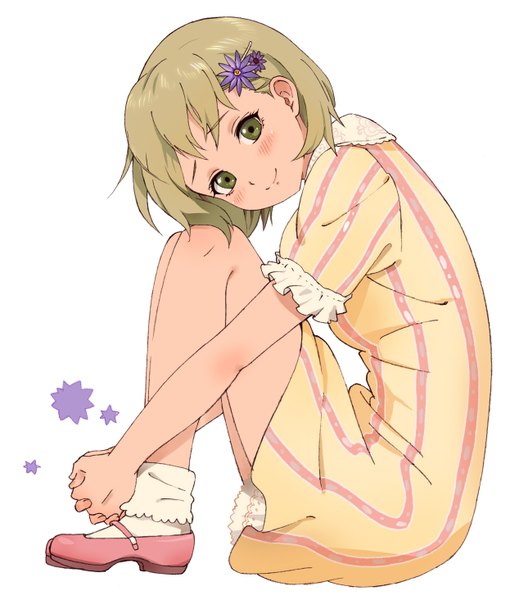 Anime picture 1245x1464 with tiger & bunny sunrise (studio) pao-lin huang kaisen single tall image blush short hair simple background blonde hair smile white background sitting green eyes girl dress hair ornament flower (flowers) hairclip