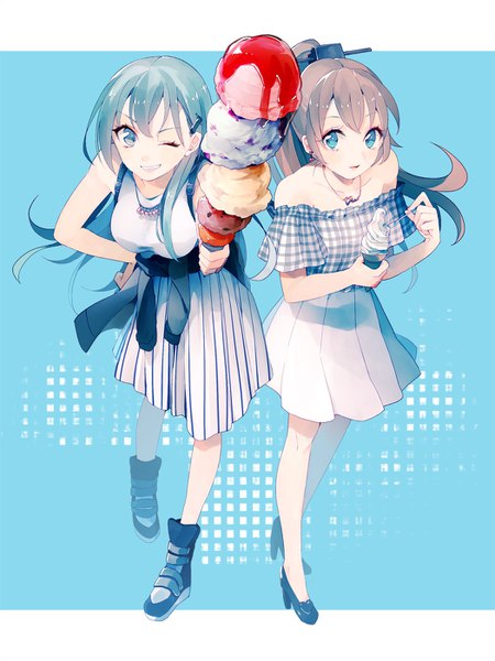 Anime picture 1050x1400 with kantai collection suzuya heavy cruiser kumano heavy cruiser sayori (artist) long hair tall image looking at viewer simple background smile brown hair standing bare shoulders multiple girls full body ponytail one eye closed aqua eyes from above wink aqua hair