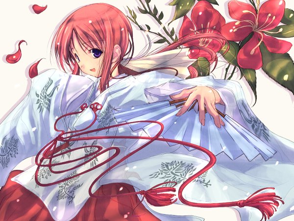 Anime picture 1280x960 with suigetsu miyashiro karin gayarou single long hair looking at viewer open mouth purple eyes red hair traditional clothes :d japanese clothes wallpaper miko girl flower (flowers) fan chihaya (clothing)
