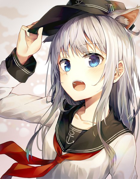 Anime picture 973x1250 with kantai collection hibiki destroyer huwari (dnwls3010) single long hair tall image looking at viewer blush fringe open mouth blue eyes simple background animal ears upper body long sleeves grey hair cat ears adjusting hat kemonomimi mode paw print