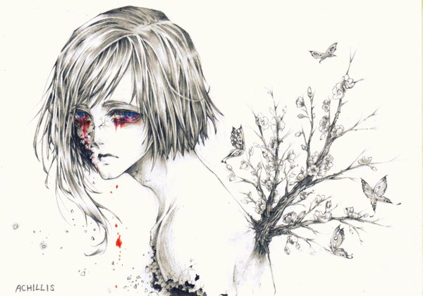 Anime picture 2493x1746 with original viatinienne sirias highres short hair blue eyes simple background blonde hair white background inscription monochrome boy wings insect butterfly blood