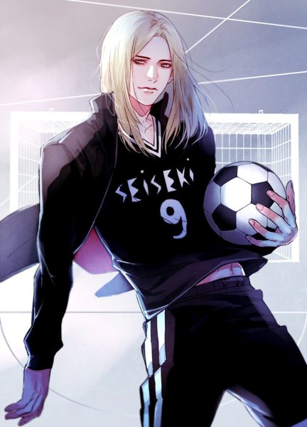 Anime picture 720x1000 with days mappa kazama jin (days) saito yukihiro single long hair tall image looking at viewer blonde hair holding brown eyes grey background football boy uniform gym uniform ball sports jacket soccer ball soccer uniform