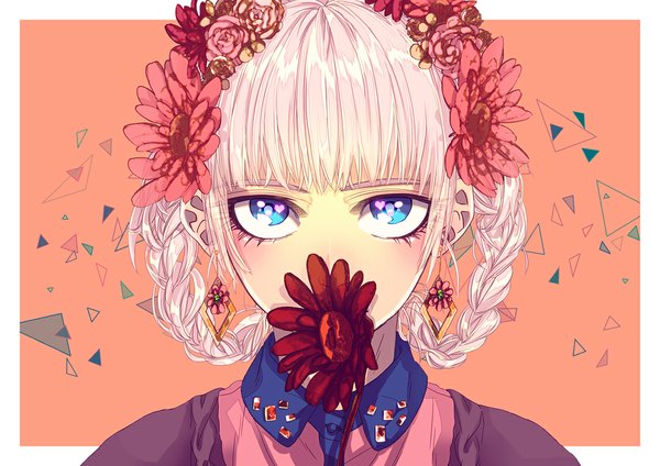 Anime picture 1052x744 with original sin single long hair looking at viewer fringe blue eyes white hair braid (braids) hair flower twin braids portrait girl hair ornament flower (flowers) earrings