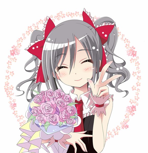 Anime picture 1000x1031 with idolmaster idolmaster cinderella girls kanzaki ranko si-rakouhei single tall image looking at viewer short hair twintails eyes closed grey hair drill hair girl dress flower (flowers) bow hair bow frills bouquet