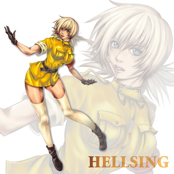 Anime picture 2000x2000 with hellsing seras victoria raite (pixiv) single highres short hair blue eyes blonde hair white background inscription zoom layer girl thighhighs gloves uniform boots belt military uniform