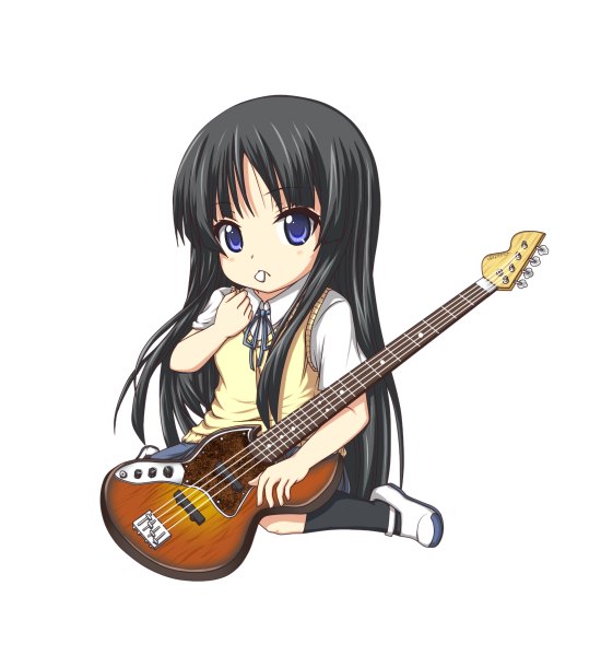 Anime picture 1100x1200 with k-on! kyoto animation akiyama mio kuena long hair tall image blue eyes black hair simple background white background chibi girl uniform school uniform socks black socks guitar