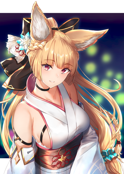 Anime-Bild 1214x1700 mit granblue fantasy yuisis (granblue fantasy) gen (gen 7254) single long hair tall image looking at viewer blush fringe breasts light erotic blonde hair smile red eyes large breasts standing bare shoulders animal ears payot upper body