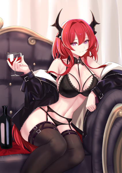 Anime picture 2894x4093 with arknights surtr (arknights) kanta (kanta 077) single long hair tall image looking at viewer fringe highres breasts light erotic hair between eyes sitting purple eyes holding red hair indoors horn (horns) off shoulder open jacket
