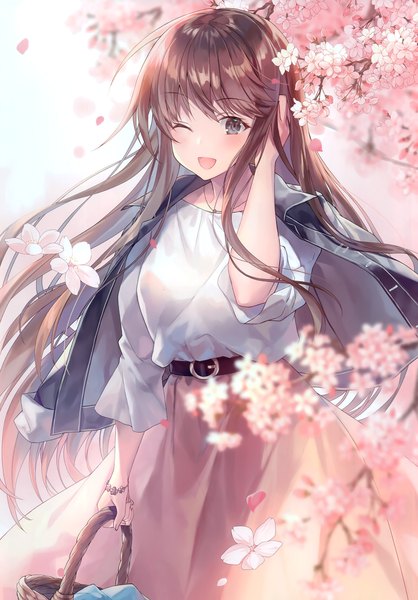 Anime picture 2447x3513 with original kagachi saku single long hair tall image looking at viewer blush fringe highres open mouth smile brown hair standing holding outdoors parted lips one eye closed hair flower wink scan
