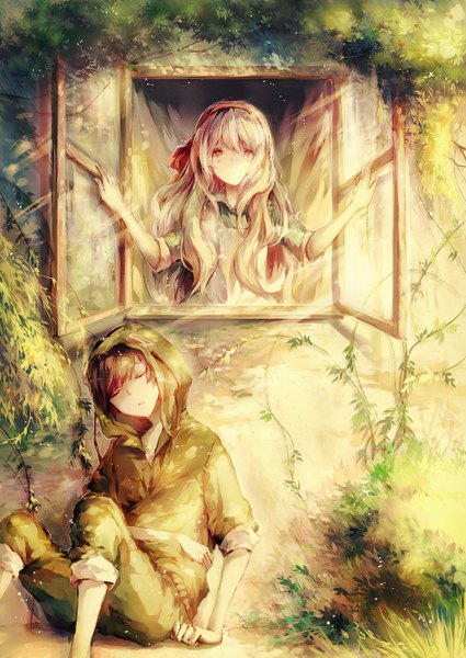 Anime picture 1000x1412 with kagerou project shaft (studio) souzou forest (vocaloid) mary (kagerou project) seto kousuke leclle long hair tall image short hair red eyes brown hair sitting silver hair eyes closed sunlight sleeping girl dress boy ribbon (ribbons)