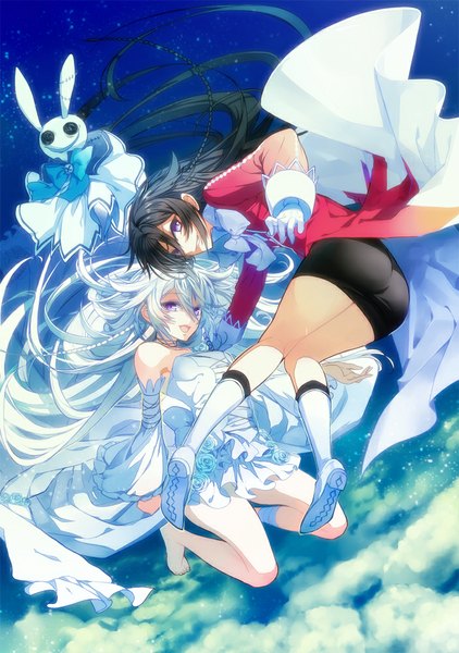 Anime picture 703x1000 with pandora hearts xebec alice (pandora hearts) will of the abyss bun-o (artist) long hair tall image looking at viewer fringe open mouth black hair smile hair between eyes purple eyes multiple girls cloud (clouds) full body white hair looking back barefoot