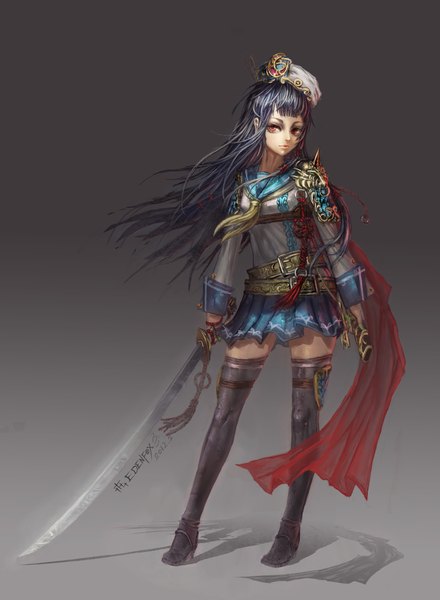 Anime picture 1499x2044 with original edenfox single long hair tall image red eyes looking away grey hair inscription girl thighhighs weapon sword boots headdress scarf