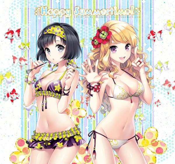 Anime picture 1000x940 with original nardack long hair short hair black hair blonde hair smile multiple girls pink eyes hair flower black eyes inscription floral print polka dot girl navel hair ornament 2 girls swimsuit bikini