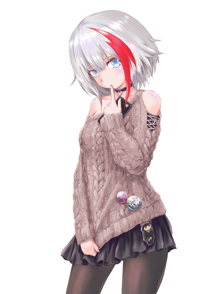 Anime picture 1447x2047 with azur lane admiral graf spee (azur lane) admiral graf spee (daily peaceful life) (azur lane) p.i.t.d single tall image looking at viewer blush fringe short hair blue eyes simple background hair between eyes standing white background bare shoulders holding silver hair head tilt multicolored hair