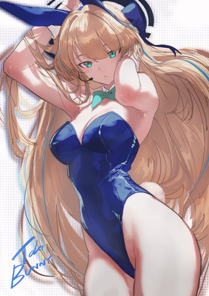 Anime picture 2480x3508 with blue archive toki (blue archive) toki (bunny) (blue archive) salmon88 single long hair tall image looking at viewer fringe highres breasts blue eyes light erotic simple background blonde hair standing white background holding animal ears ass