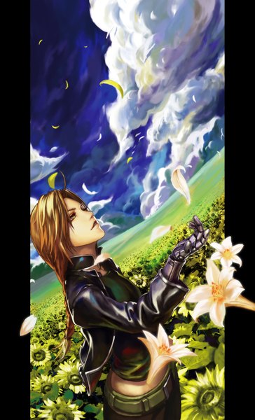 Anime picture 2127x3508 with fullmetal alchemist studio bones edward elric jiemaowanwan (artist) single long hair tall image highres blonde hair yellow eyes sky cloud (clouds) midriff single braid mechanical field girl flower (flowers) petals belt