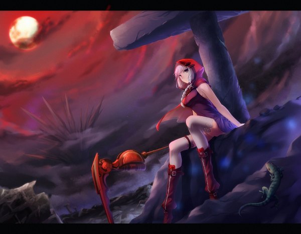 Anime picture 1542x1200 with god eater 2 lancefate single long hair looking at viewer red eyes sitting sky bent knee (knees) white hair braid (braids) single braid letterboxed fog red sky girl thighhighs dress weapon white thighhighs
