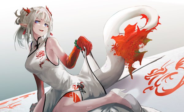 Anime picture 4097x2500 with arknights nian (arknights) nian (unfettered freedom) (arknights) hiyaori (hiyahiyaval) single looking at viewer fringe highres short hair open mouth blue eyes wide image sitting absurdres silver hair tail traditional clothes :d horn (horns) pointy ears