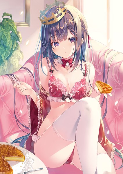 Anime picture 1357x1920 with original miwabe sakura single long hair tall image looking at viewer blush fringe breasts open mouth light erotic black hair sitting purple eyes holding payot bent knee (knees) indoors blunt bangs head tilt