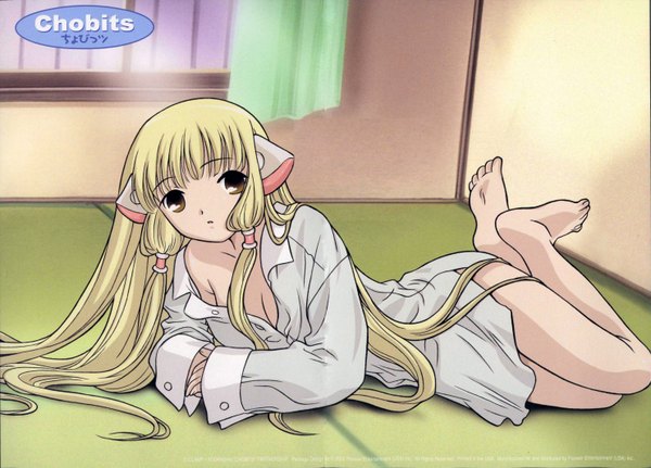 Anime picture 2967x2134 with chobits chii single long hair looking at viewer fringe highres blonde hair brown eyes scan reclining naked shirt girl hair tubes