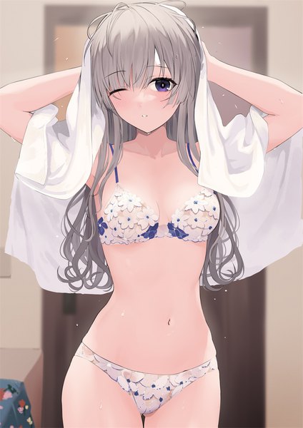 Anime picture 843x1192 with idolmaster idolmaster shiny colors yuukoku kiriko gin00 single long hair tall image looking at viewer blush fringe breasts light erotic large breasts standing purple eyes indoors parted lips one eye closed grey hair blurry