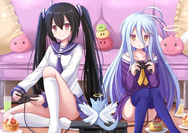 Anime picture 1364x964 with no game no life original madhouse shiro (no game no life) kazenokaze long hair looking at viewer black hair hair between eyes red eyes sitting twintails multiple girls yellow eyes blue hair loli girl thighhighs uniform 2 girls