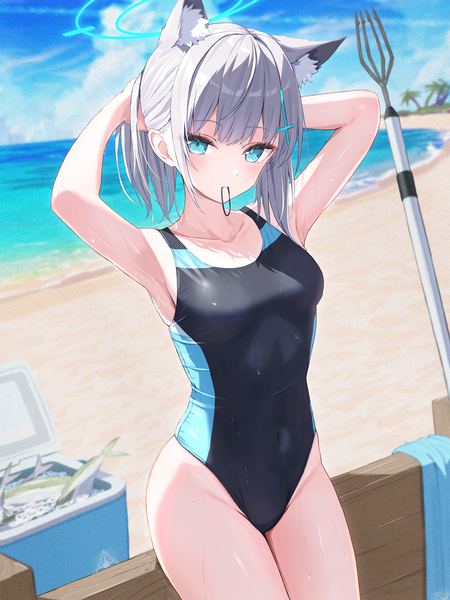 Anime picture 1378x1837 with blue archive shiroko (blue archive) shiroko (swimsuit) (blue archive) norio (noriosub) single tall image looking at viewer blush fringe short hair breasts blue eyes light erotic holding animal ears sky cloud (clouds) outdoors blunt bangs grey hair