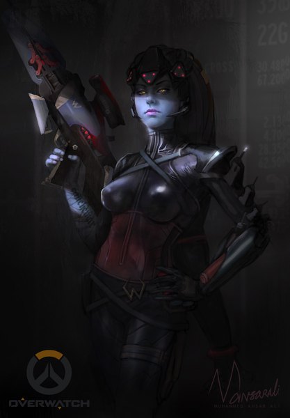 Anime picture 834x1200 with overwatch blizzard entertainment widowmaker (overwatch) mansarali (artist) single long hair tall image looking at viewer signed yellow eyes ponytail realistic inscription tattoo copyright name hand on hip lipstick shaded face pink lipstick purple skin
