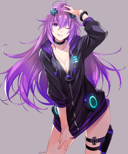 Anime picture 1740x2100 with choujigen game neptune shin jigen game neptune vii neptune (choujigen game neptune) kagetomo midori single long hair tall image looking at viewer fringe highres breasts light erotic smile hair between eyes standing purple eyes signed payot cleavage purple hair