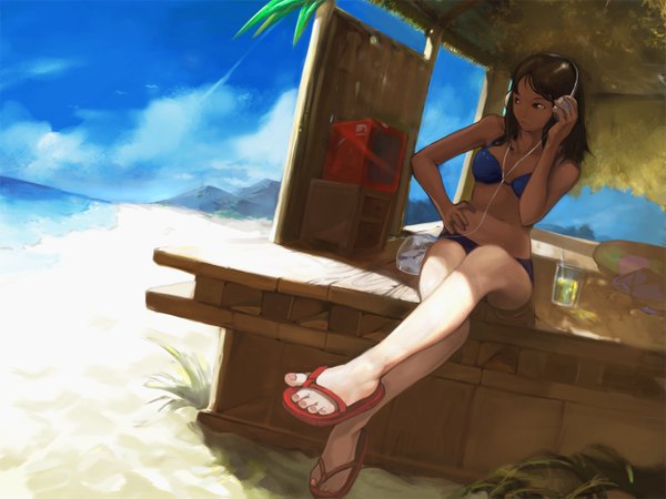 Anime picture 1300x975 with original electrixocket single brown hair sitting brown eyes legs beach sand girl swimsuit bikini headphones wire (wires) glass