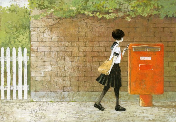 Anime picture 2148x1500 with original otonai chiaki single highres short hair black hair girl plant (plants) serafuku bag phone mailbox
