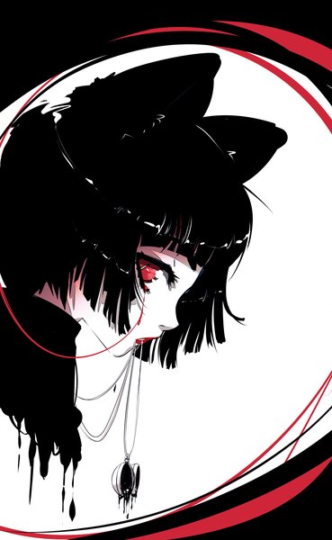 Anime picture 861x1400 with original creepysheepstudio single tall image looking at viewer highres short hair black hair red eyes holding animal ears profile cat ears mouth hold cat eyes girl pendant