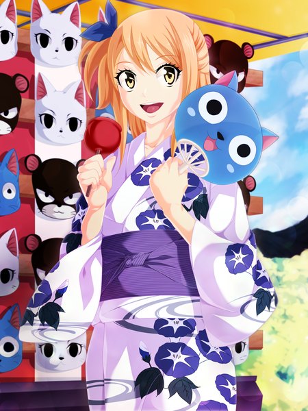 Anime picture 3600x4800 with fairy tail lucy heartfilia salim202 single long hair tall image highres open mouth blonde hair smile yellow eyes absurdres sky cloud (clouds) traditional clothes japanese clothes sunlight one side up coloring sunbeam