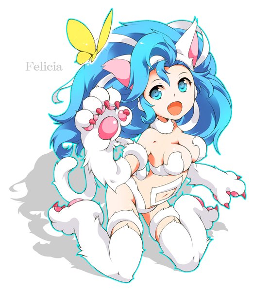 Anime picture 900x1036 with vampire / darkstalkers (game) capcom felicia ichizen (o tori) single long hair tall image breasts blue eyes light erotic simple background white background animal ears blue hair looking away tail animal tail cat ears shadow cat girl