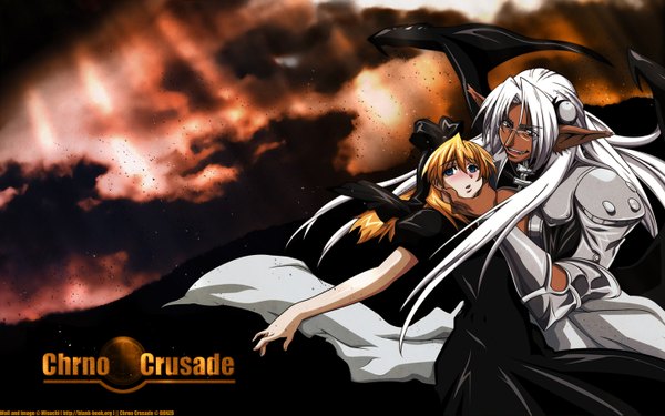 Anime picture 1440x900 with chrono crusade gonzo rosette christopher aion (chrono) long hair looking at viewer blush fringe blue eyes blonde hair smile wide image sky white hair pointy ears outstretched arm bat wings sad hand on cheek girl