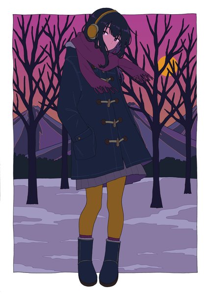 Anime picture 2894x4037 with original shi oo single long hair tall image looking at viewer highres black hair standing full body black eyes border winter mountain outside border hands in pockets bare tree girl plant (plants) pantyhose