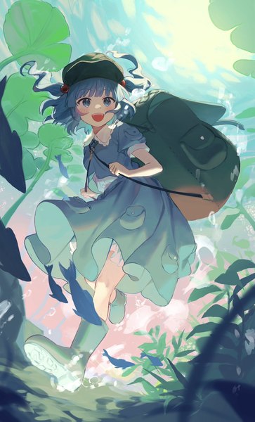 Anime picture 1240x2048 with touhou kawashiro nitori jill 07km single tall image short hair open mouth blue eyes blue hair looking away full body :d two side up underwater girl hair ornament hat animal fish (fishes) backpack