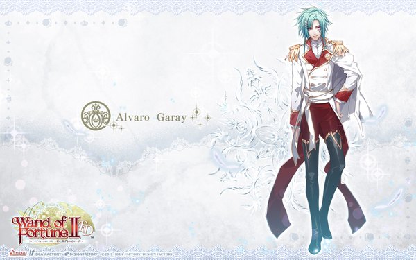 Anime picture 1920x1200 with wand of fortune 2 idea factory alvaro garay usuba kagerou single looking at viewer highres short hair red eyes wide image standing aqua hair inscription wallpaper hand on hip boy thigh boots